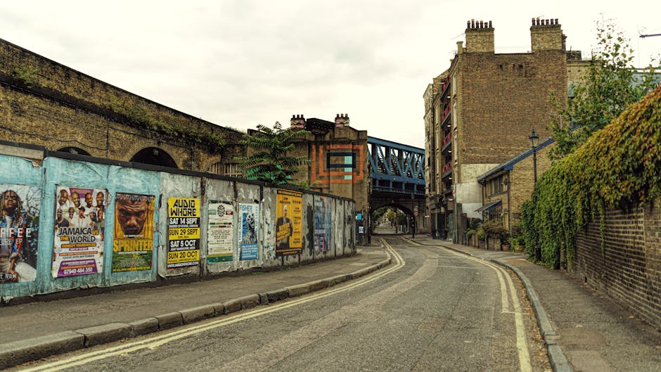 A narrow paved alleyway in a residential area during daytime, lined with old brick walls and buildings on both sides. There are two black street lamps positioned along the alley, and a large tree with